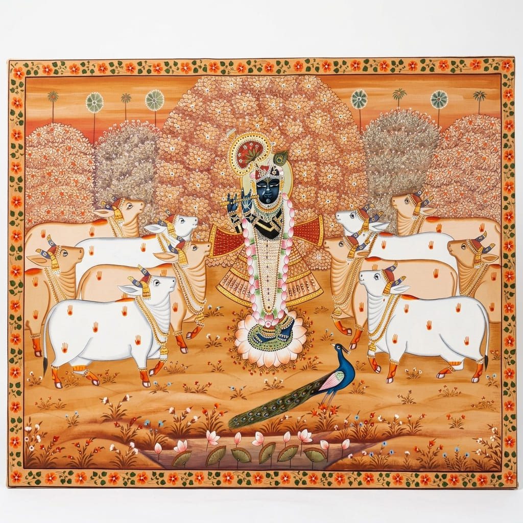 Shrinathji with Sacred Cows & Kadamba Tree – Handmade Pichwai Painting