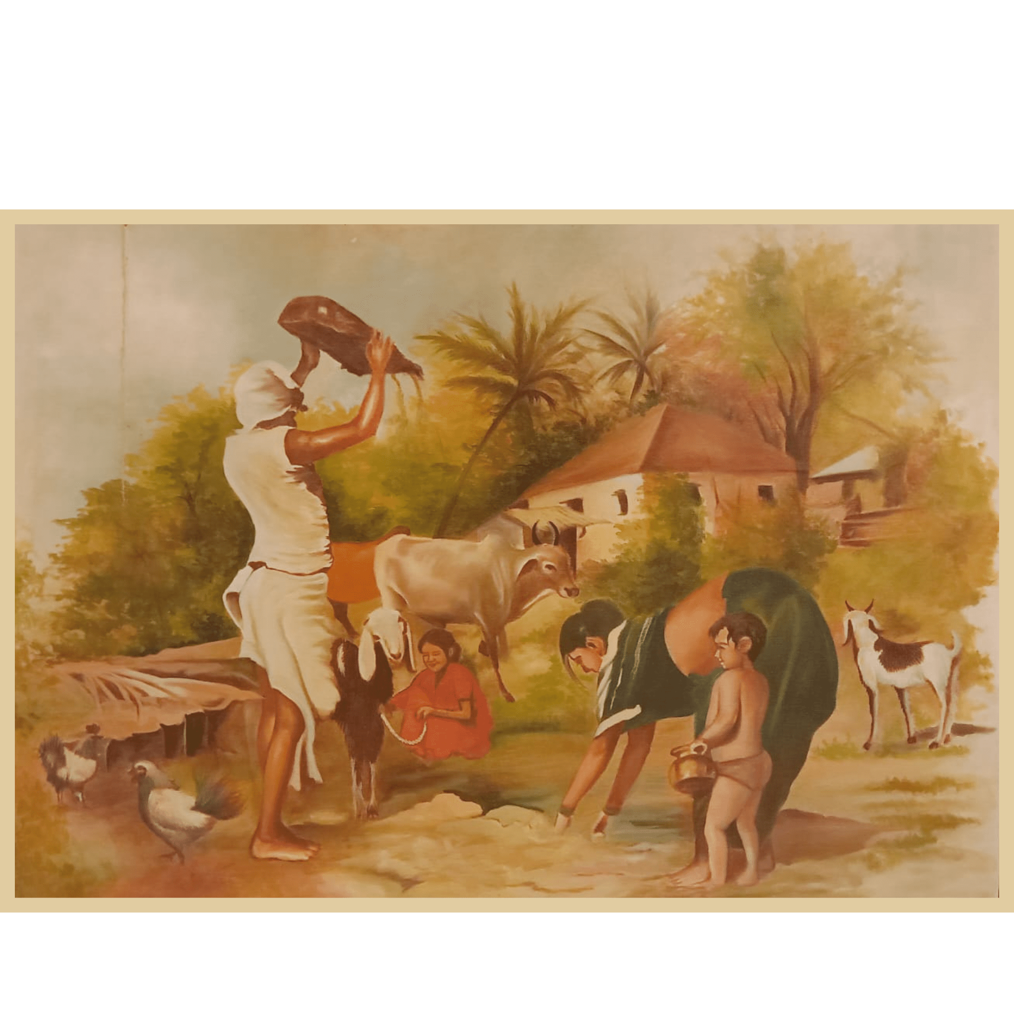 Indian Village Life – Handmade Oil Painting on Canvas Original Oil Painting - 41 x 29 inches - Indian Traditional Art on Canvas by Udaipur Artist
