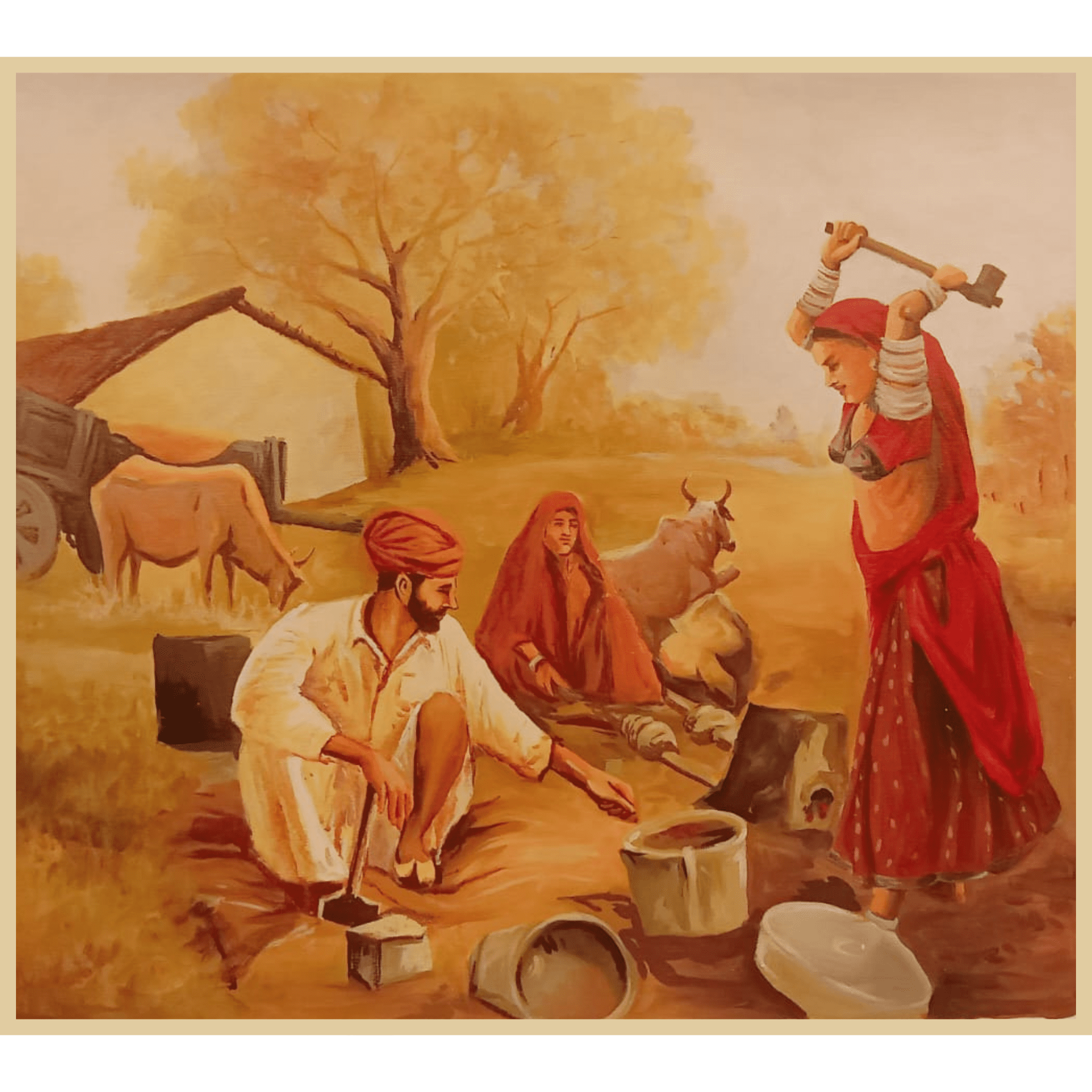 Village Life Oil Painting – Handmade Original Oil Painting - 24 x 20 inches - Indian Traditional Art on Canvas by Udaipur Artist