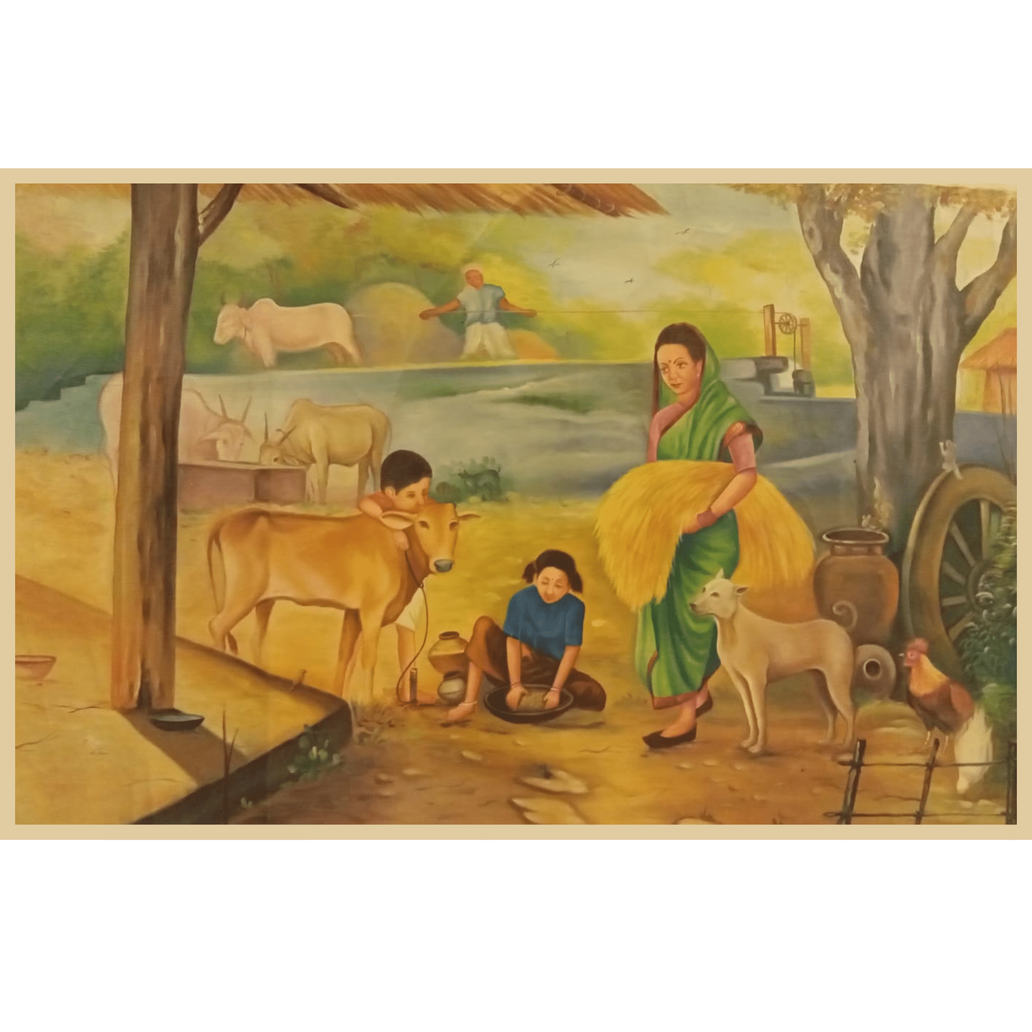 Village Scene Oil Painting – Handmade Rural Life Artwork Original Oil Painting - 34 x 22 inches - Indian Traditional Art on Canvas by Udaipur Artist