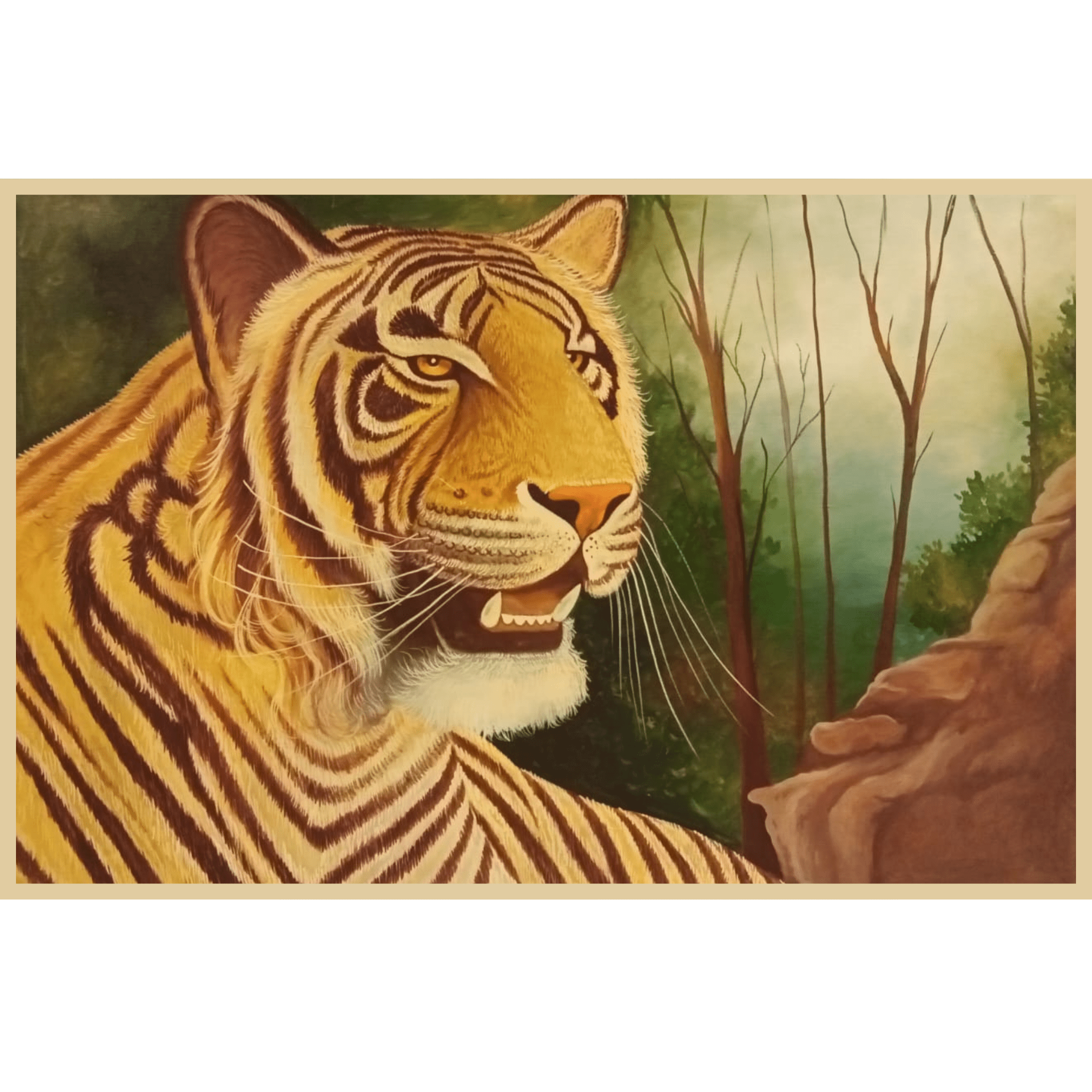 Tiger in Forest – Handmade Oil Painting Original Oil Painting - 34 x 23 inches - Indian Traditional Art on Canvas by Udaipur Artist